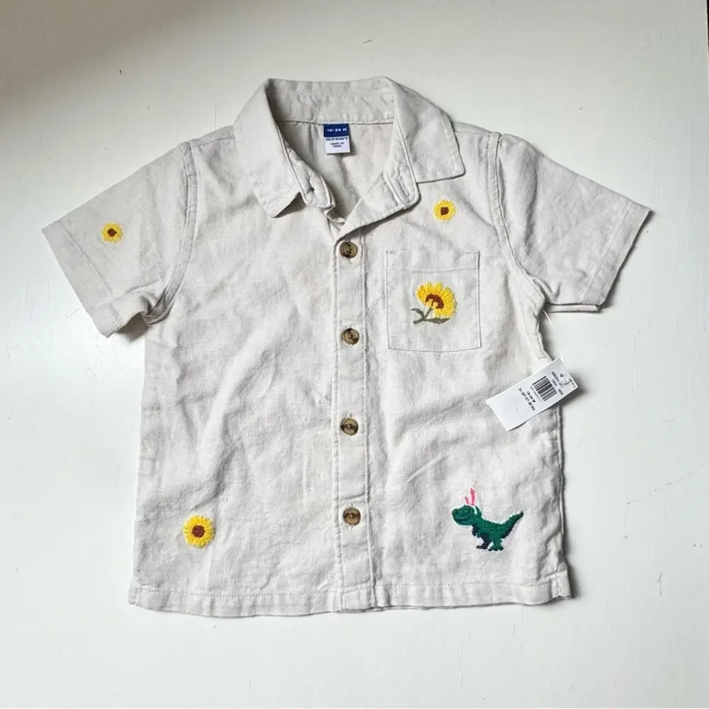 Old Navy Baby Button Front Short Sleeve  Embroidered Shirt Sz 18-24 M NWT